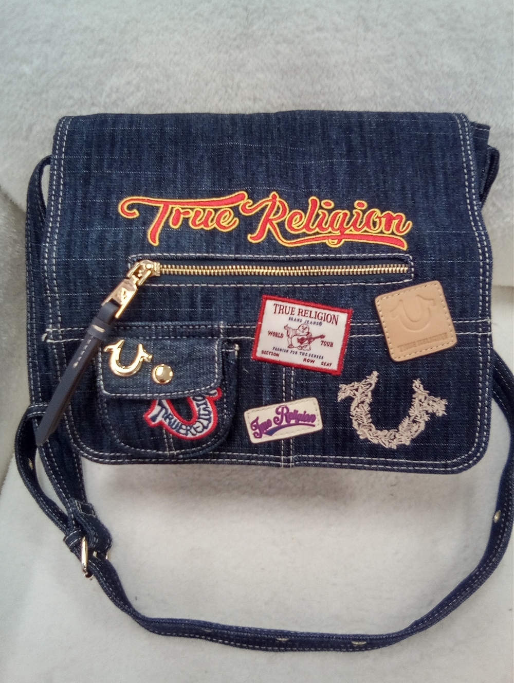 True Religion Blue Denim Shoulder Bag w/Patchwork
